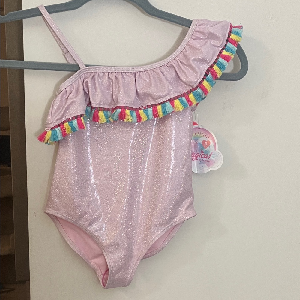 Bmagical Pink Shimmery One-Shoulder Swimsuit with Rainbow Tassel Trim